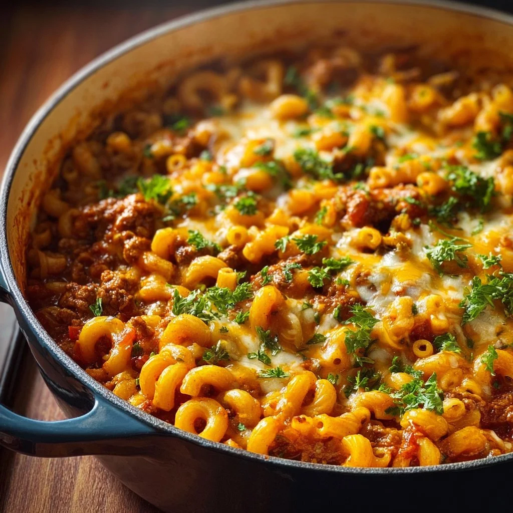 Delicious one pot chili mac and cheese topped with cheese and herbs