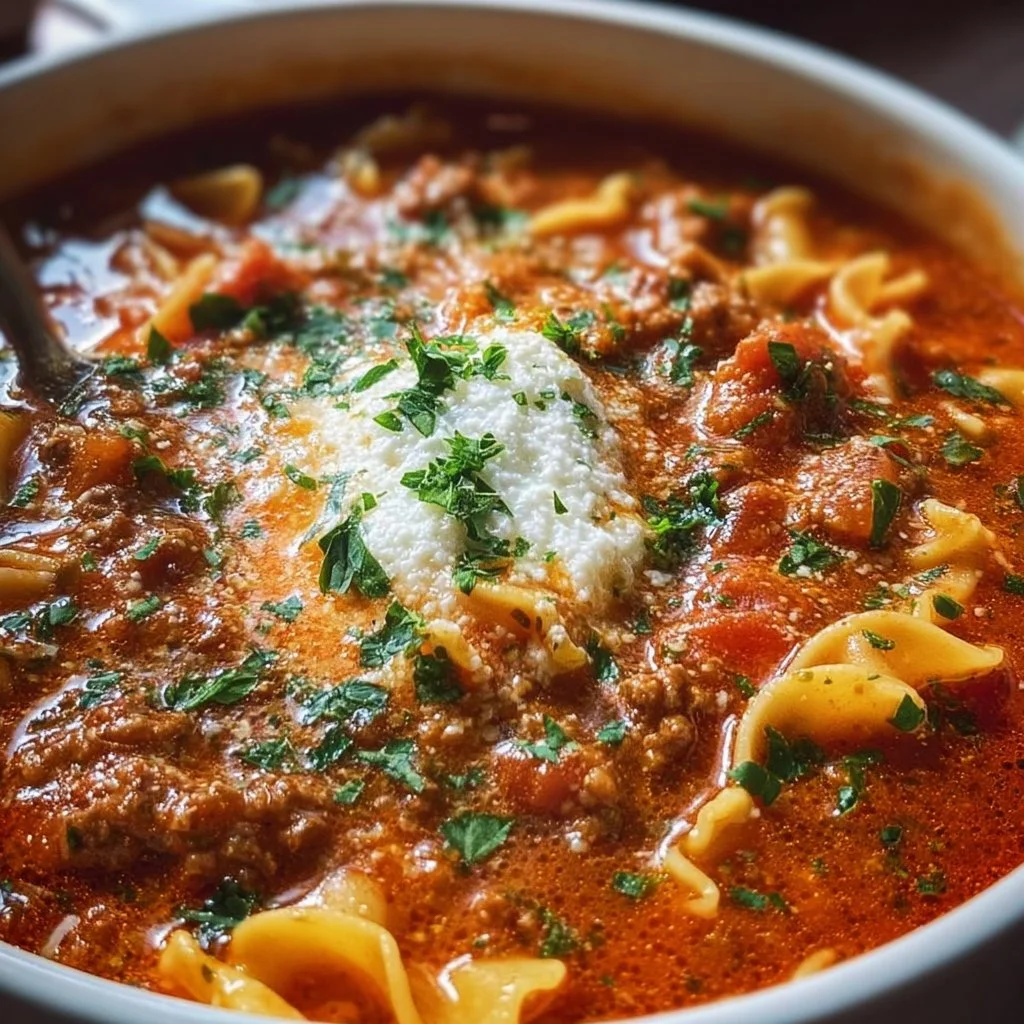A bowl of delicious one-pot lasagna soup with melted cheese and fresh herbs.