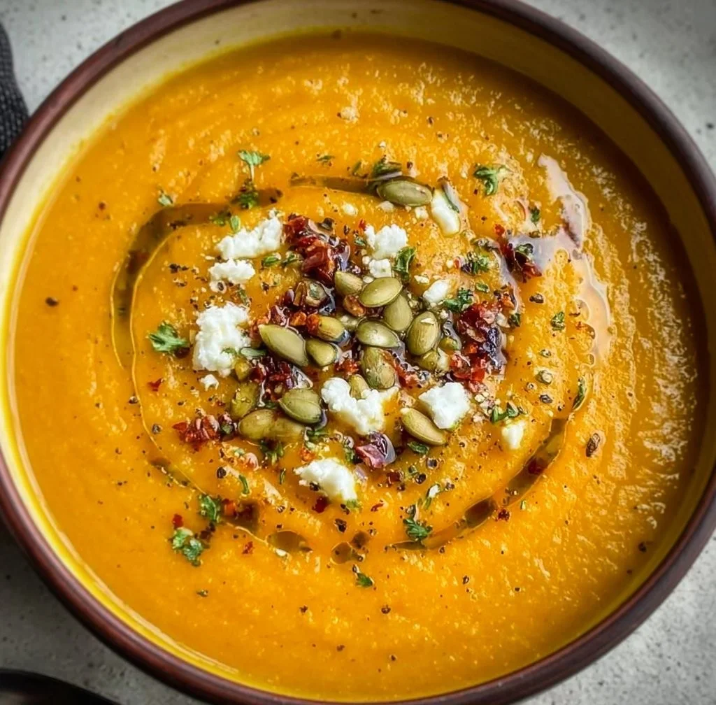 One-pot savory pumpkin and sweet potato soup in a bowl