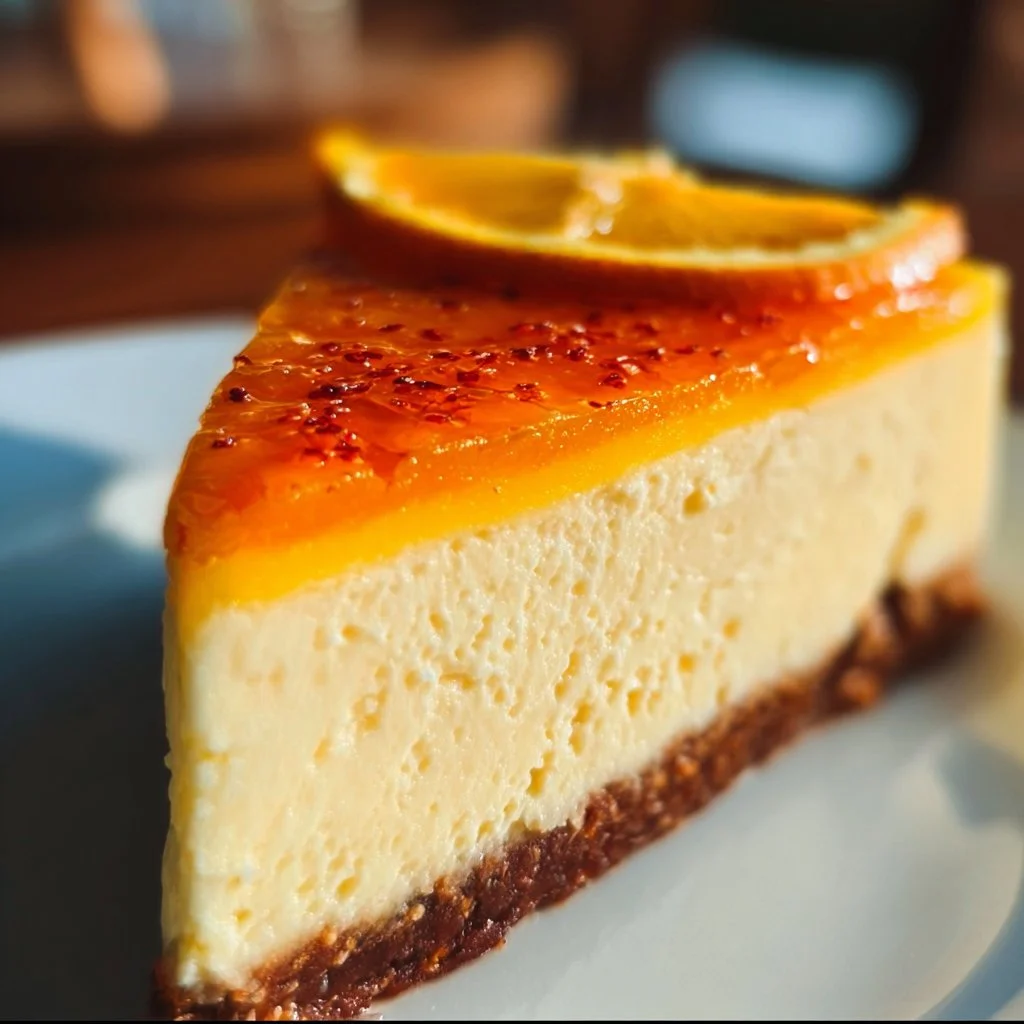Slice of orange cheesecake topped with fresh orange slices and cream