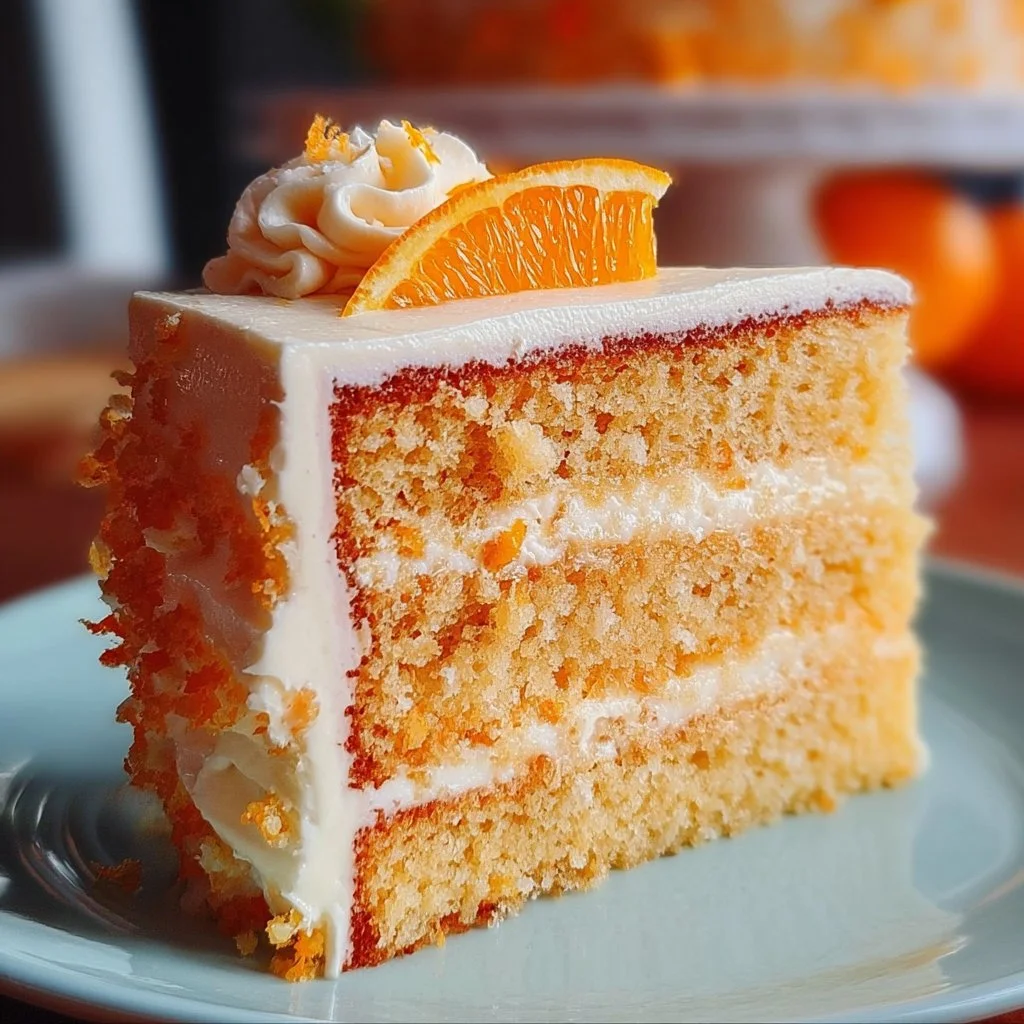 Slice of delicious Orange Creamsicle Cake topped with orange zest and cream.