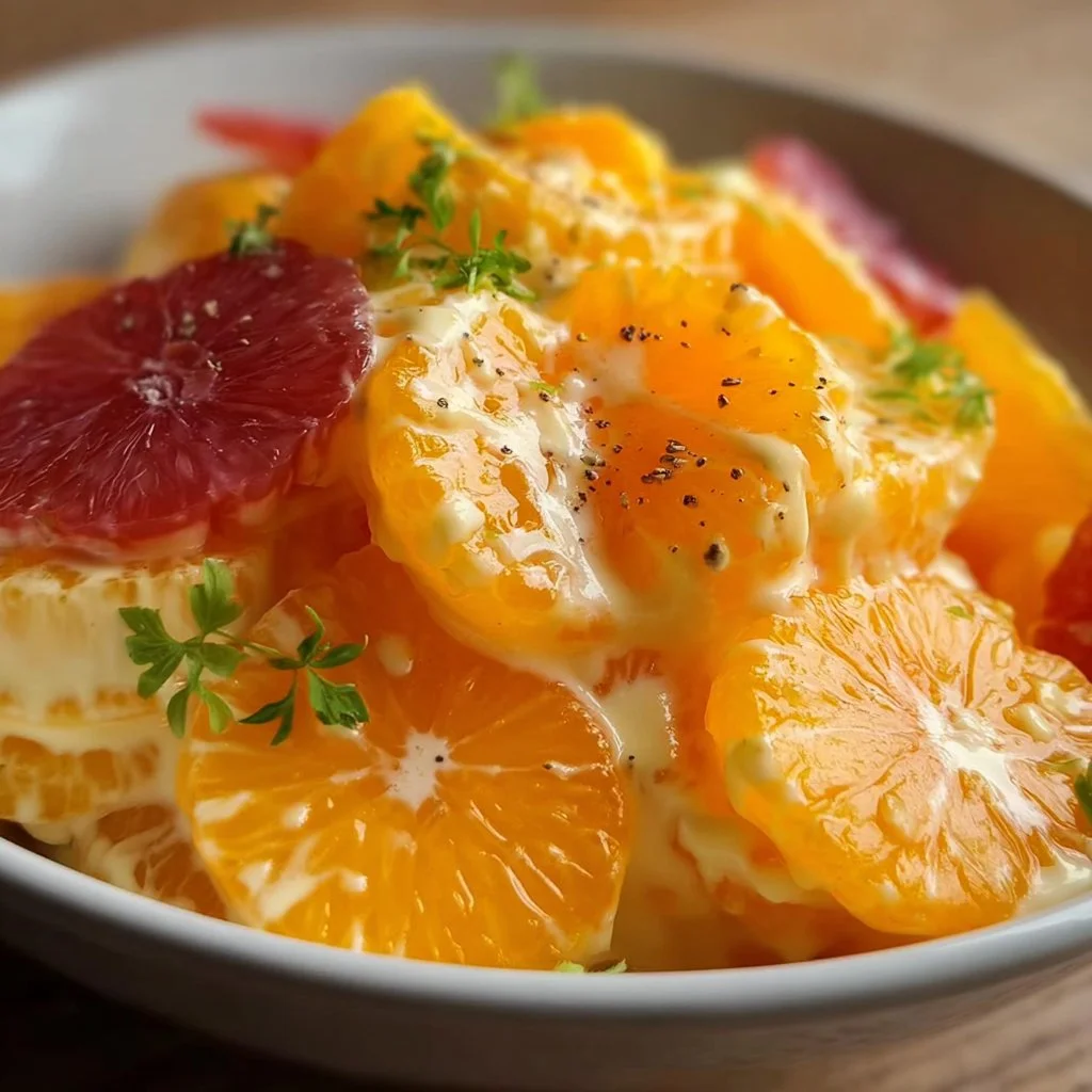 A colorful bowl of Orange Dreamsicle Salad featuring oranges and creamy dressing
