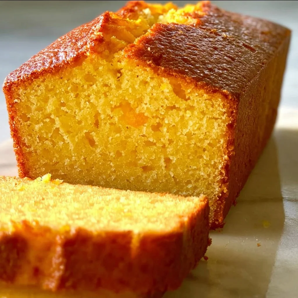Freshly baked orange loaf cake with a citrus glaze on a rustic wooden table