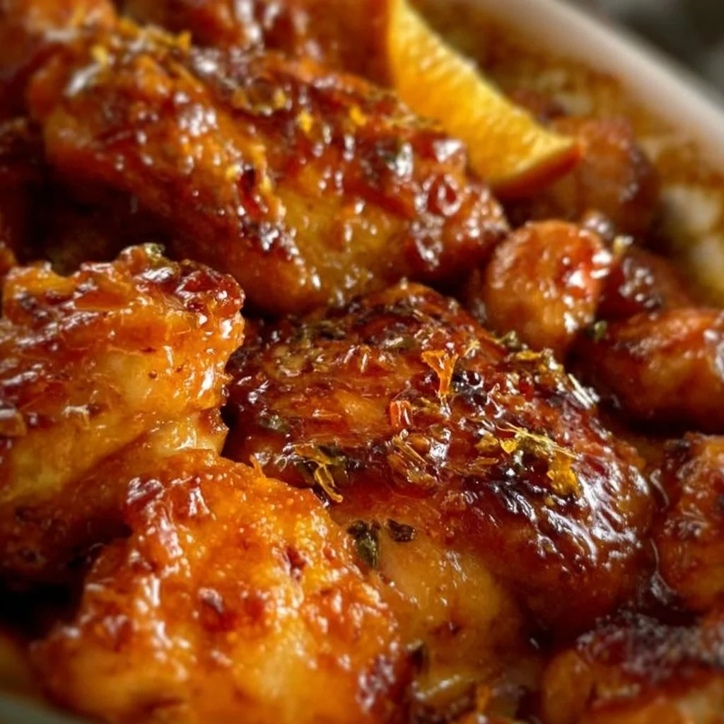 Oven-roasted citrus chicken garnished with fresh herbs.