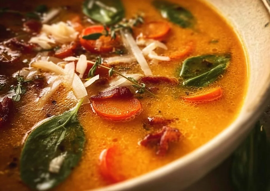 Delicious oven sheet pan soup served in a bowl with fresh ingredients