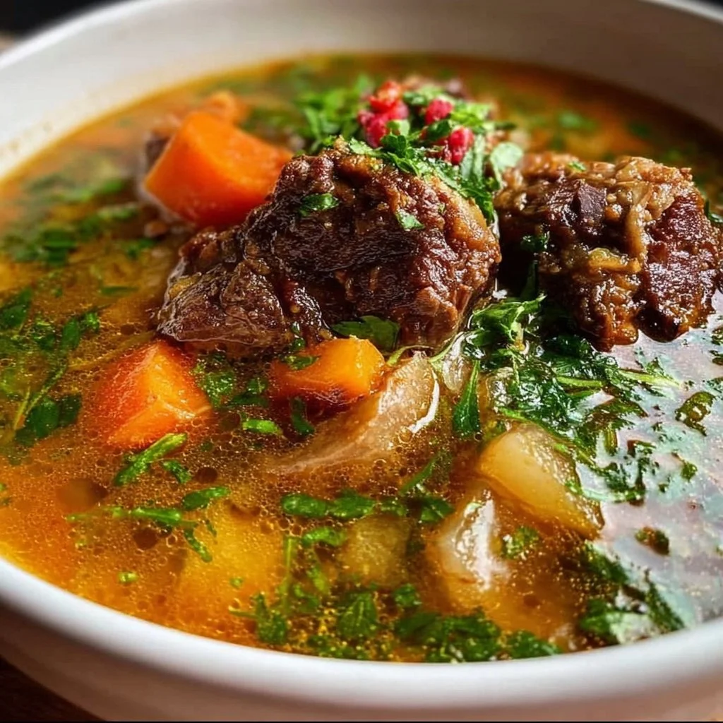Bowl of delicious oxtail soup with vegetables and herbs