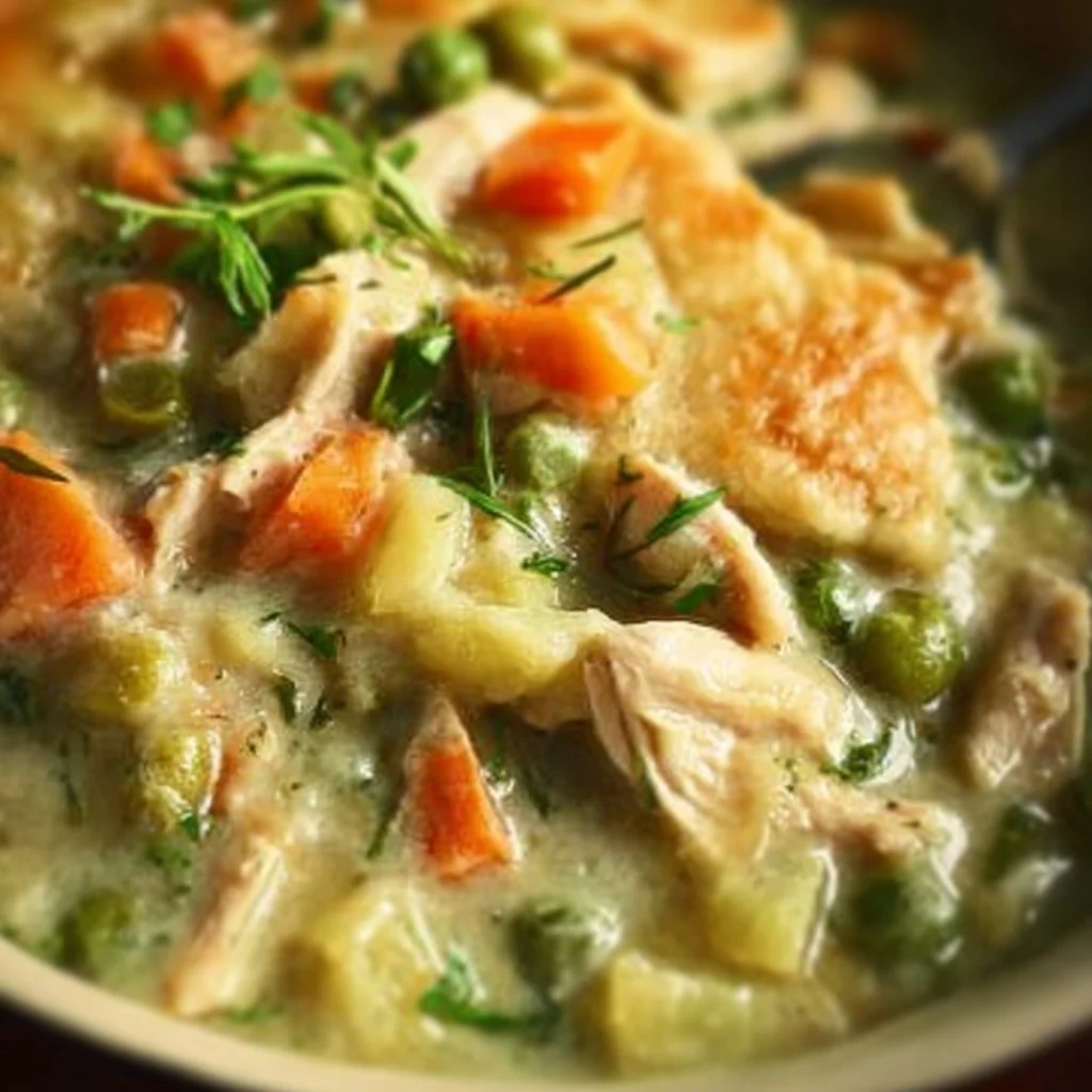 Bowl of Paleo chicken pot pie soup with vegetables and chicken