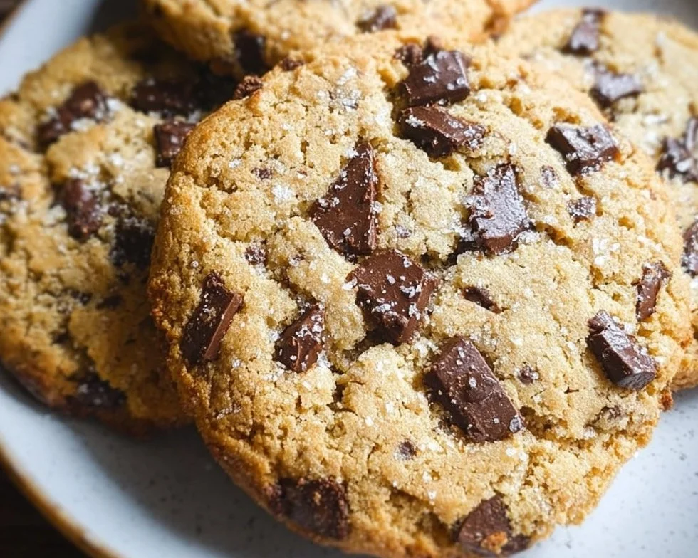 Paleo chocolate chip cookies on a plate with chocolate chips and nuts