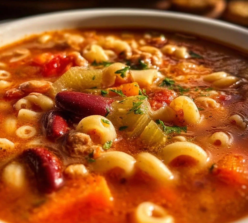 Bowl of delicious Pasta and Beans Soup with fresh herbs
