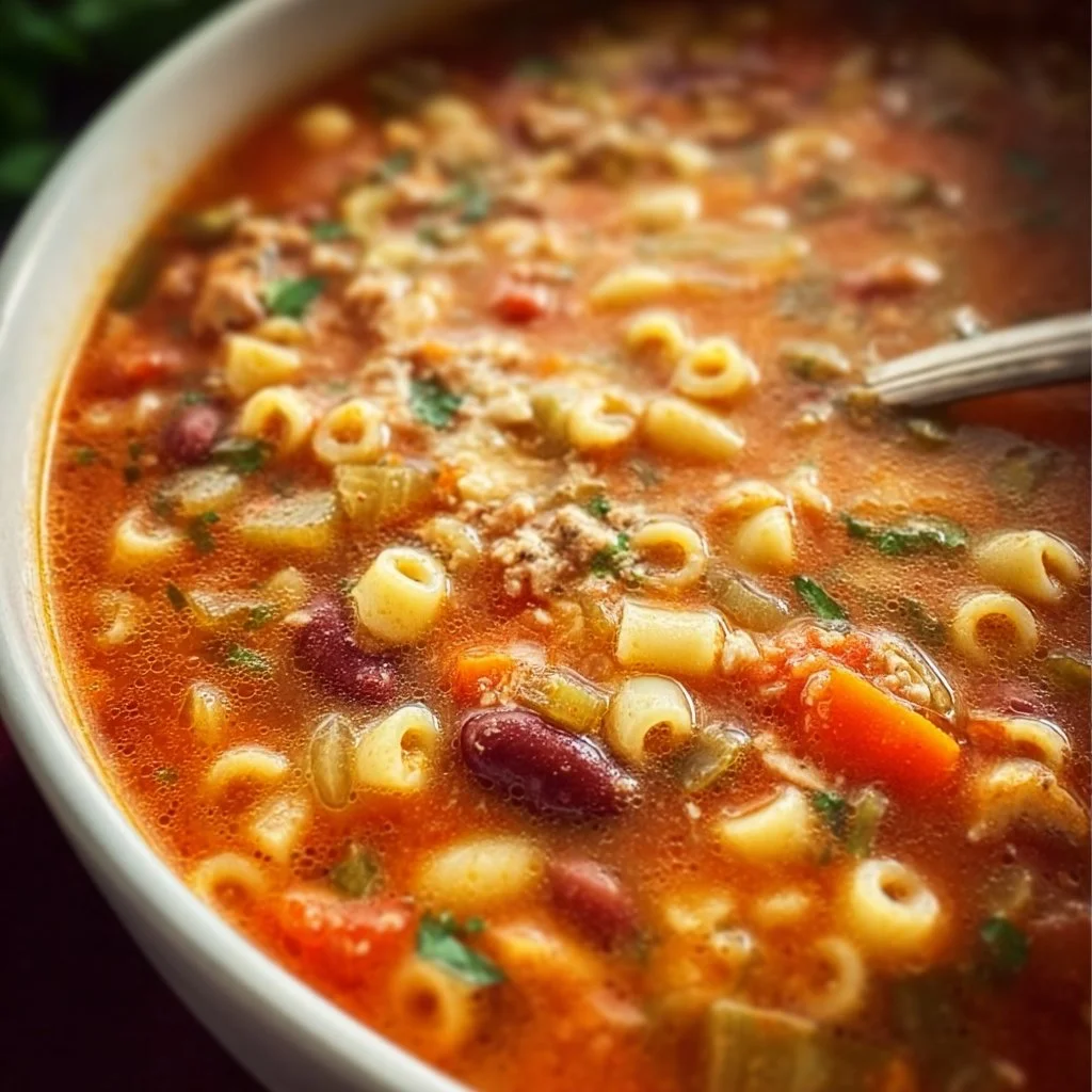 Bowl of rich and hearty Pasta Fagioli Soup with beans and pasta