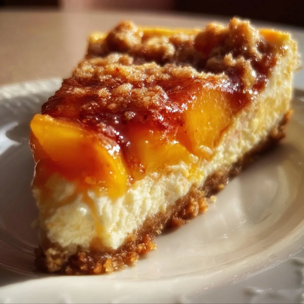 Slice of Peach Cobbler Cheesecake topped with fresh peaches and whipped cream