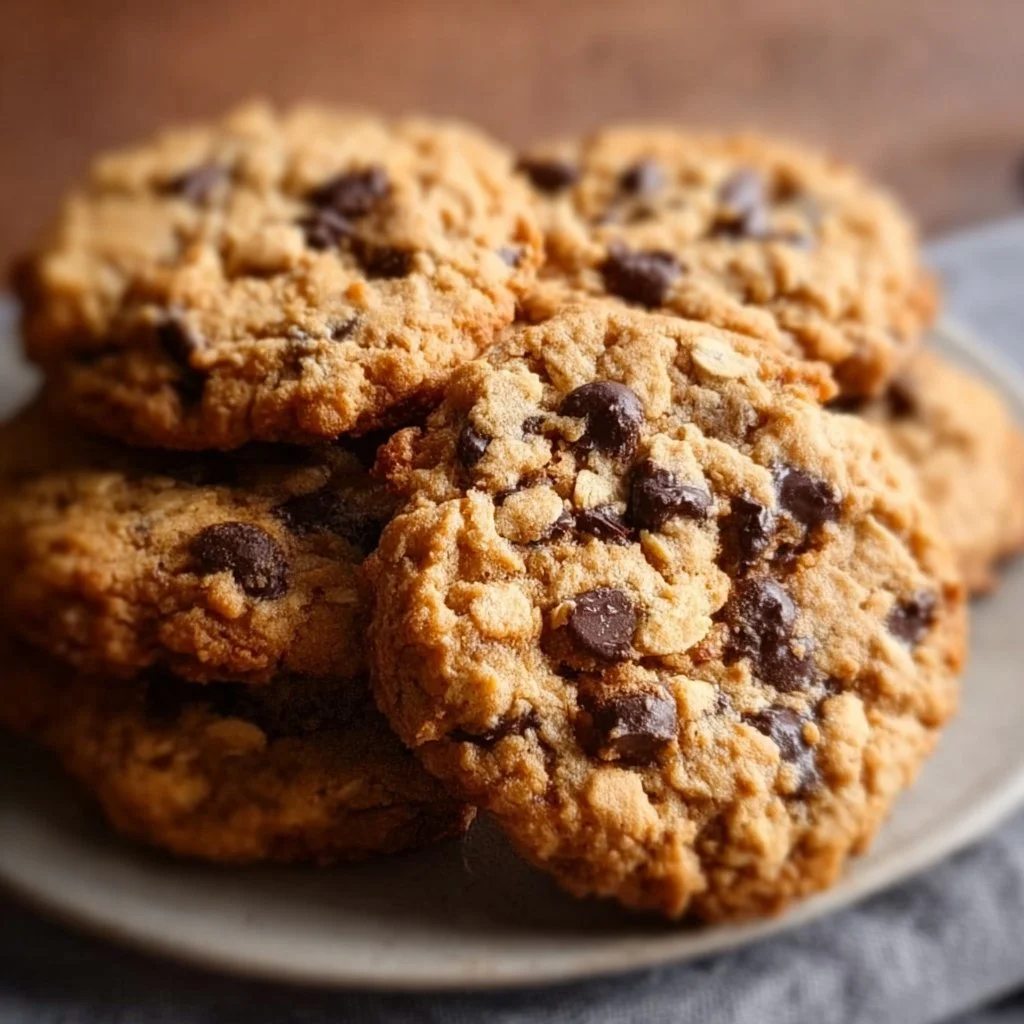 Peanut butter oatmeal chocolate chip cookies on a baking tray