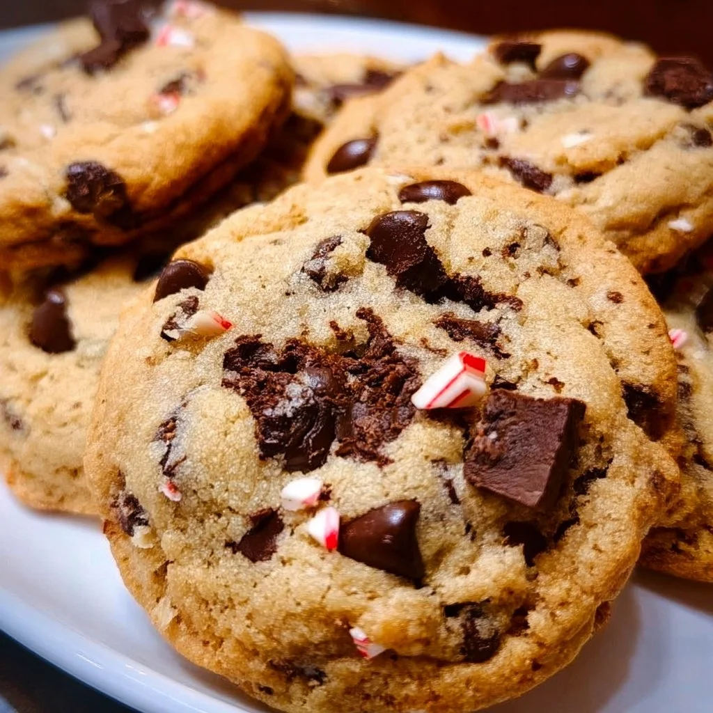 Freshly baked peppermint chocolate chip cookies on a plate