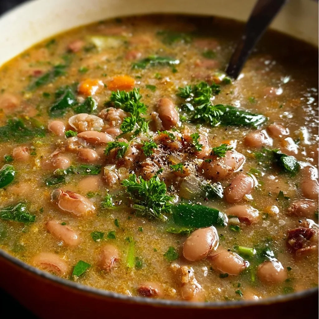 A bowl of delicious Pinto Bean Soup with fresh herbs and spices.