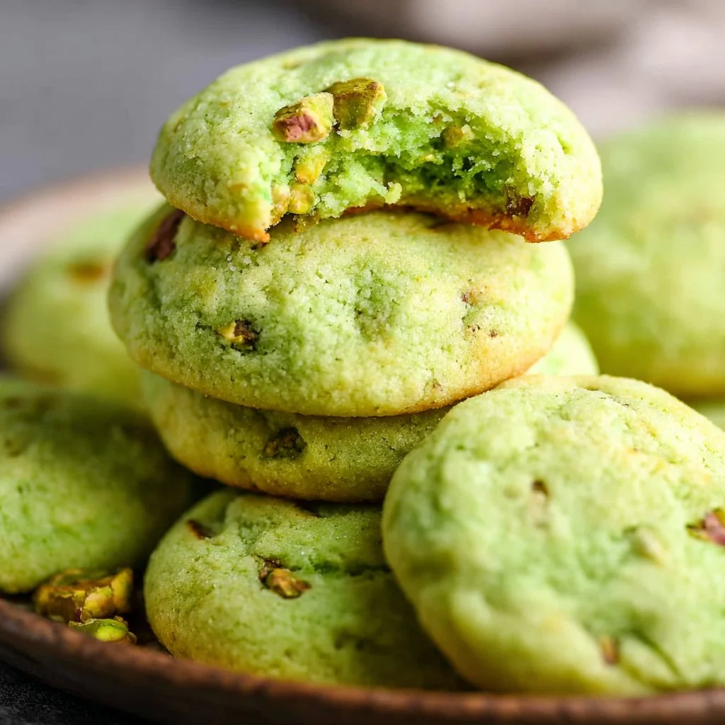 Delicious homemade pistachio pudding cookies on a plate topped with chopped pistachios.