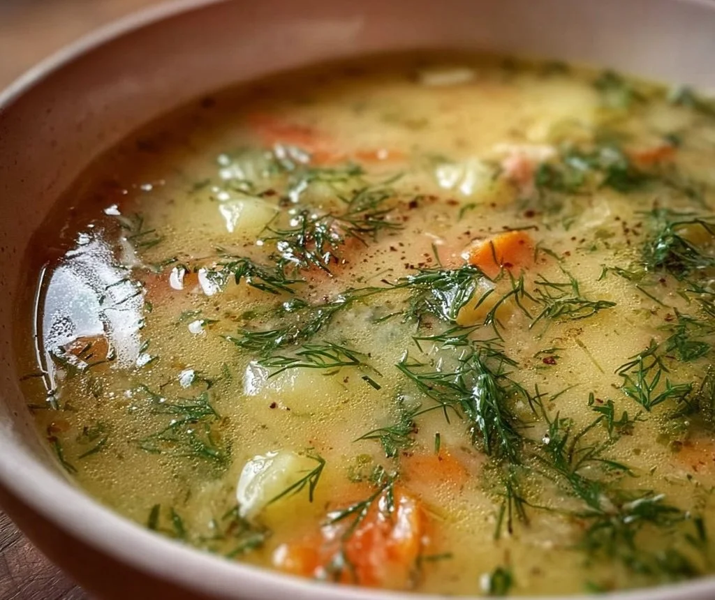 Bowl of Polish Dill Soup garnished with fresh dill and vegetables