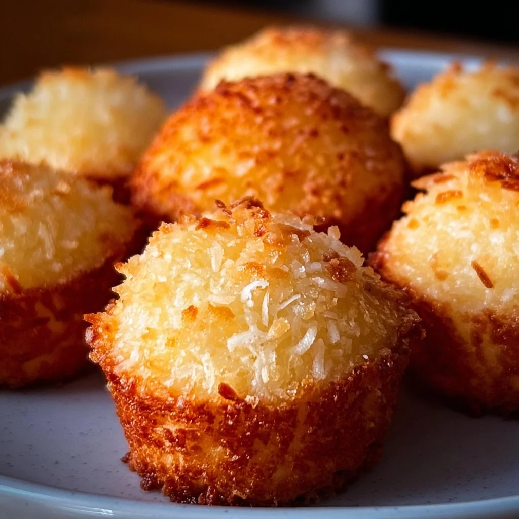 Delicious Portuguese Coconut Cakes topped with coconut flakes