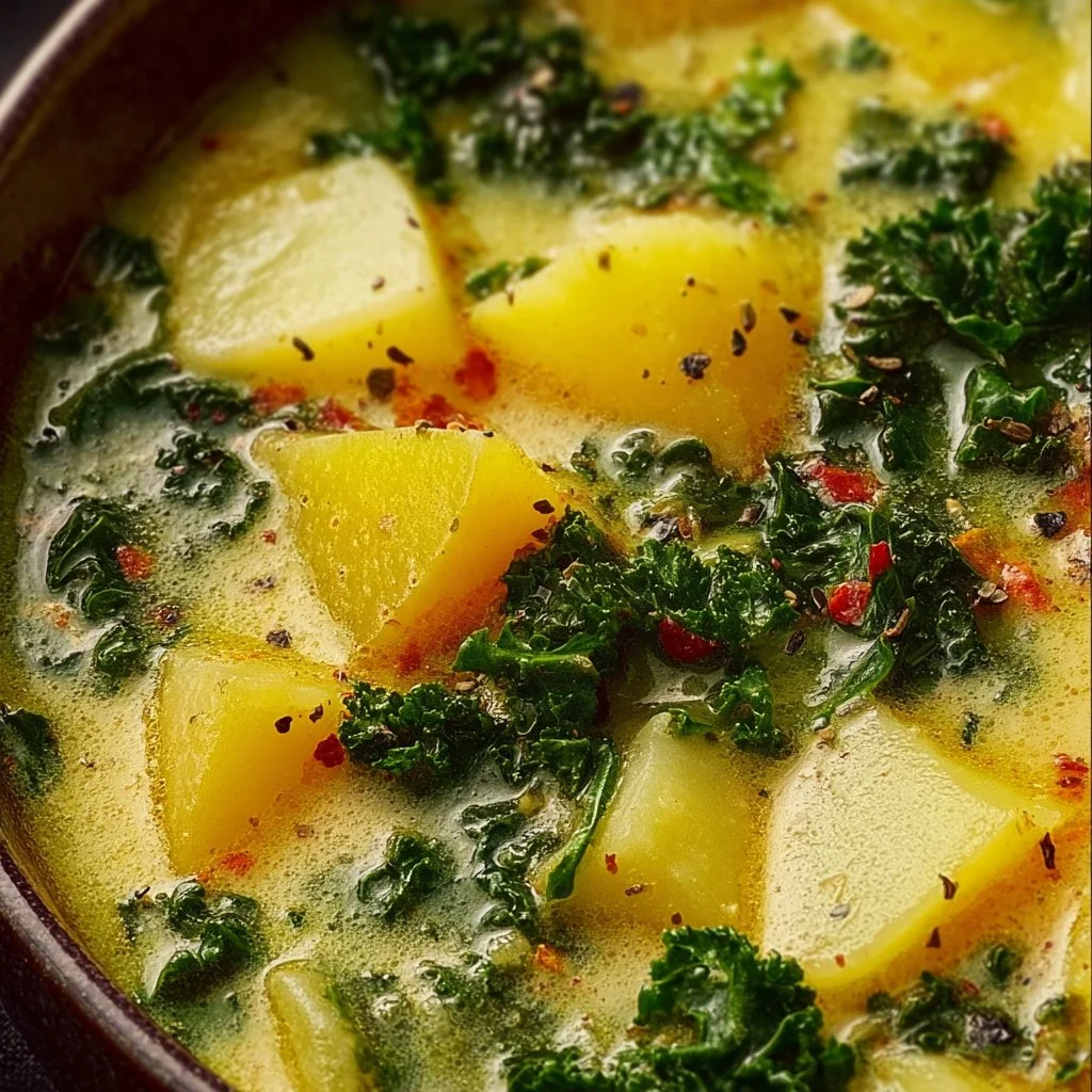 Bowl of delicious Potato Kale Soup garnished with fresh herbs