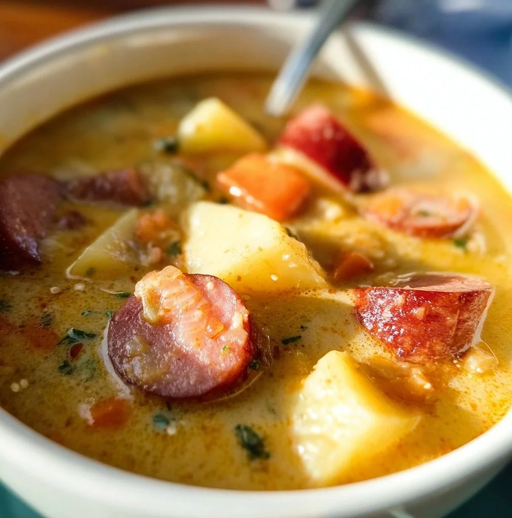 Bowl of delicious Potato Kielbasa Soup garnished with herbs and served hot.