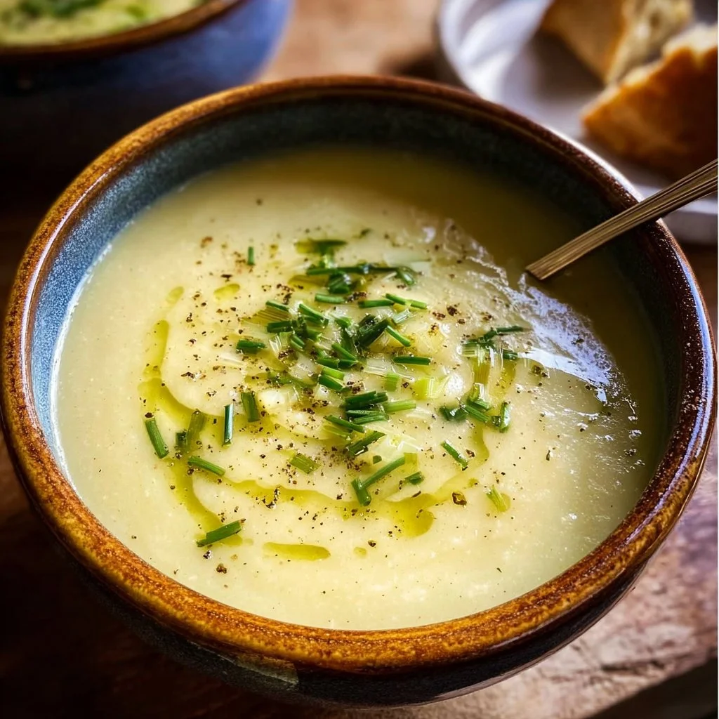 Creamy potato leek soup in a bowl topped with fresh herbs.