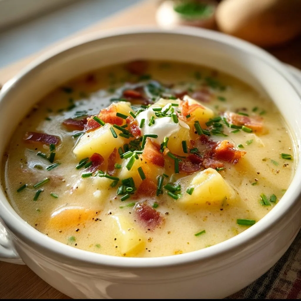 Bowl of creamy potato soup garnished with herbs and served with bread