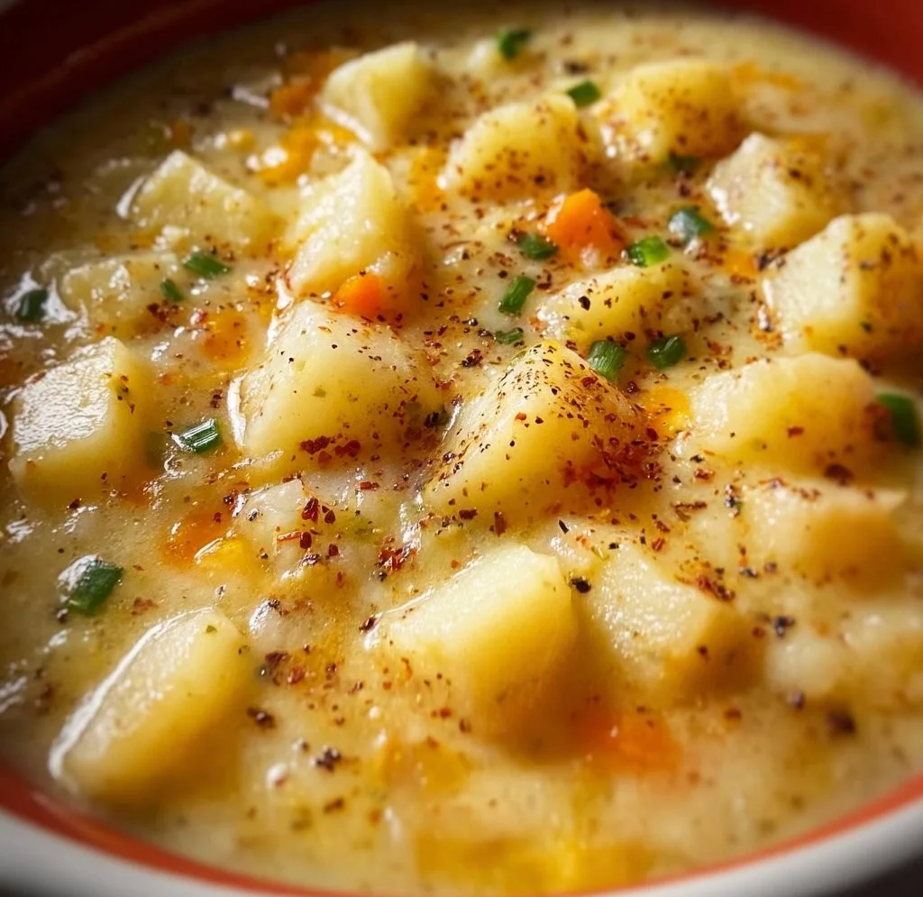Bowl of creamy potato soup made with frozen diced potatoes