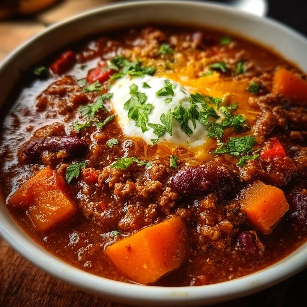 Bowl of Pumpkin Chili topped with fresh herbs and spices