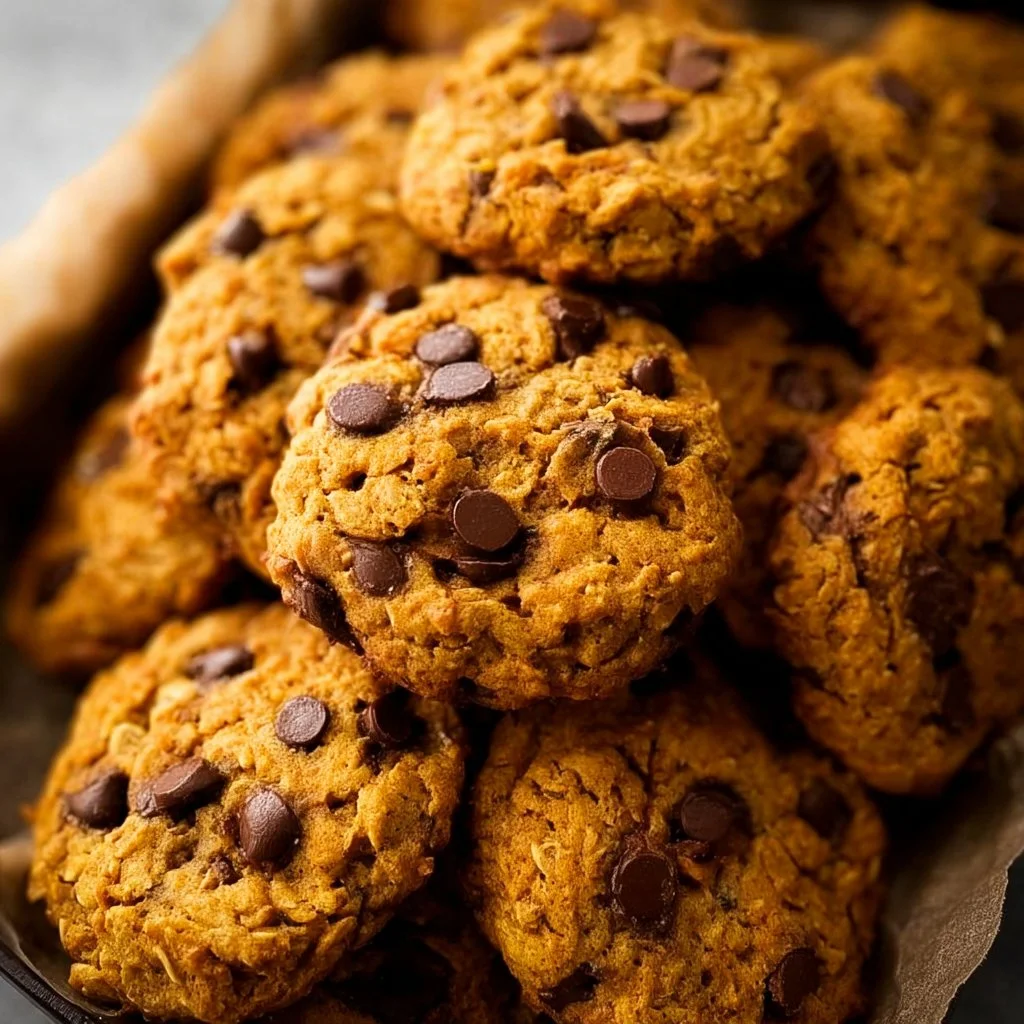 Delicious pumpkin chocolate chip oatmeal cookies on a baking tray.