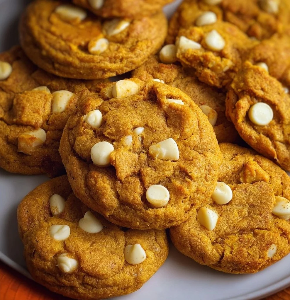 Freshly baked Pumpkin White Chocolate Chip Cookies on a cooling rack