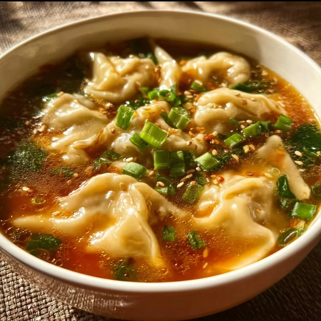 Bowl of quick and easy wonton soup with fresh ingredients