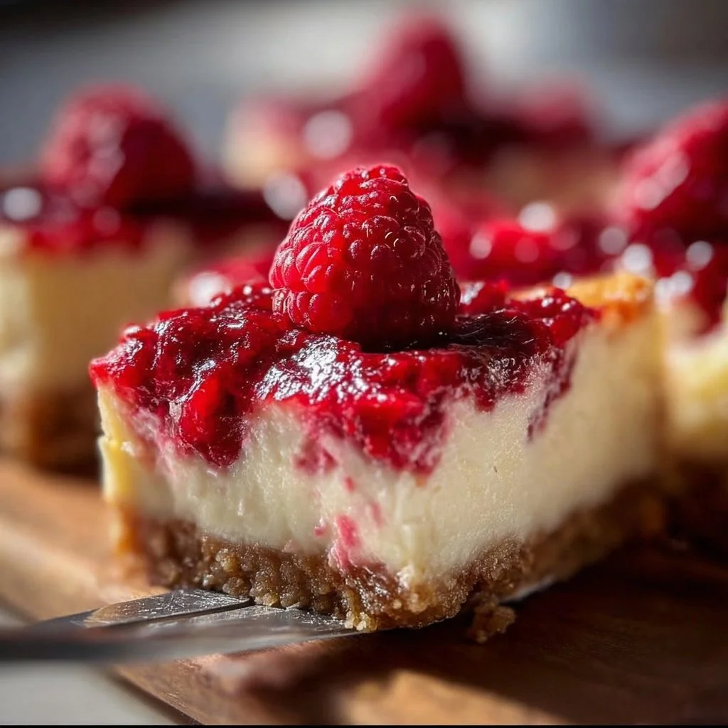 Delicious Raspberry Cheesecake Bars topped with fresh raspberries and creamy filling