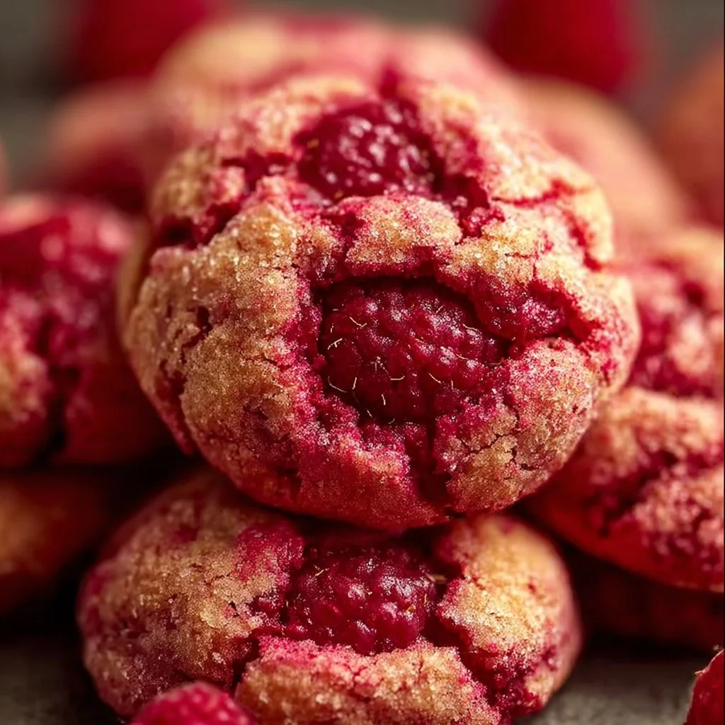 Freshly baked raspberry cookies with a crispy edge and soft center.