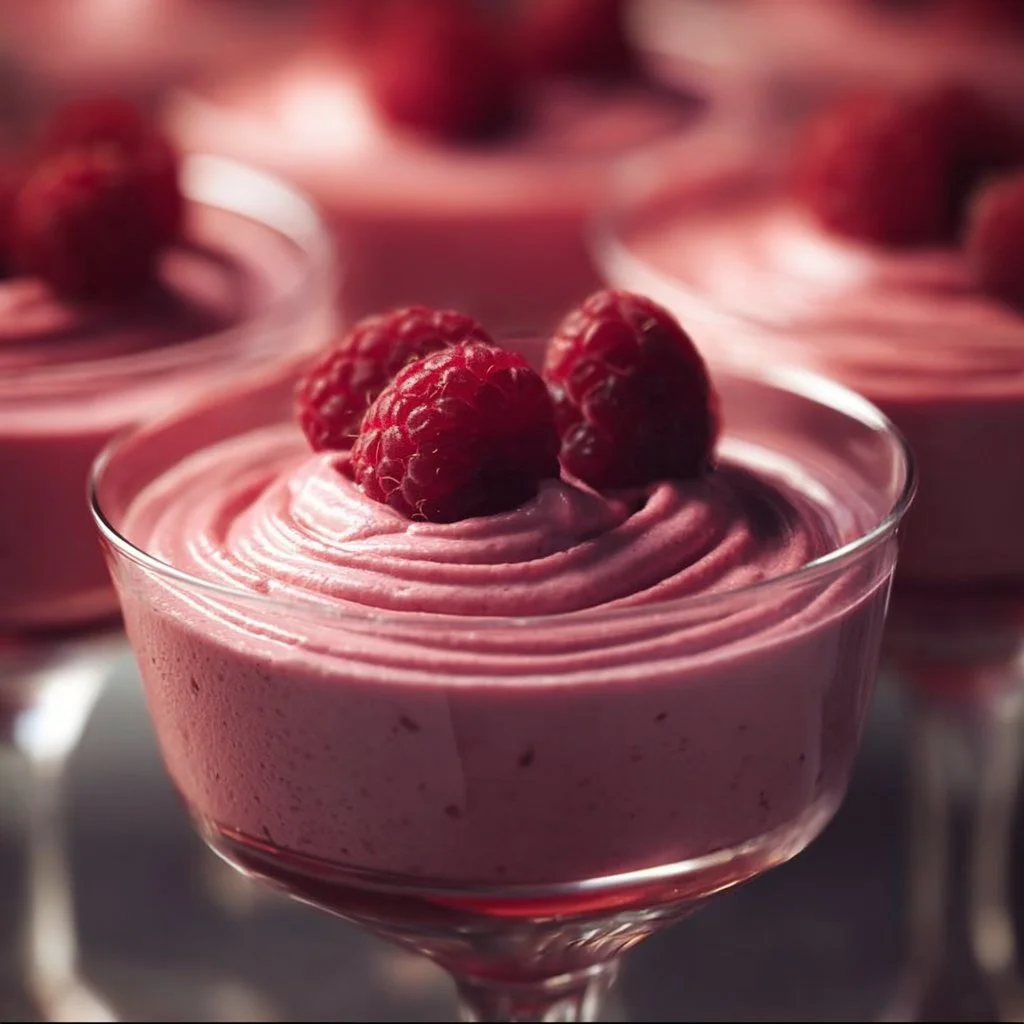 Delicious raspberry mousse dessert topped with fresh raspberries.