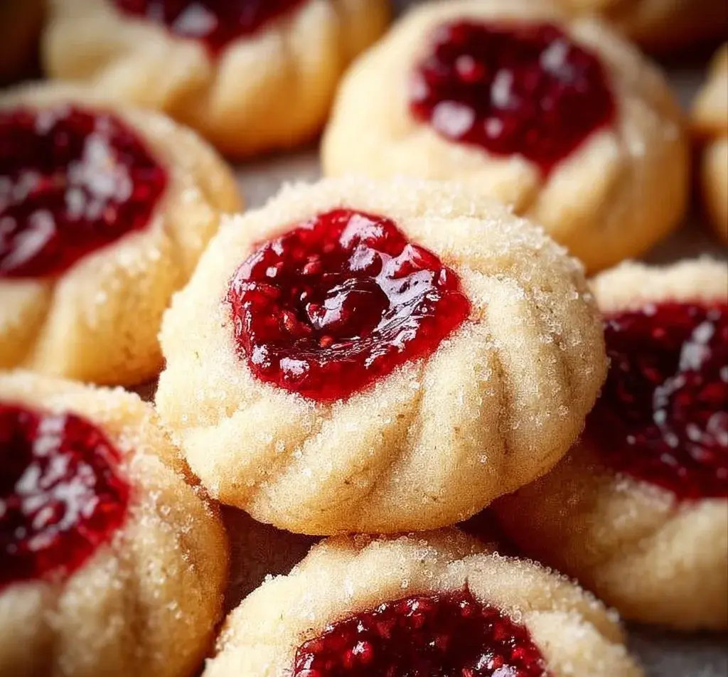 Homemade Raspberry Thumbprint Cookies filled with raspberry jam on a plate