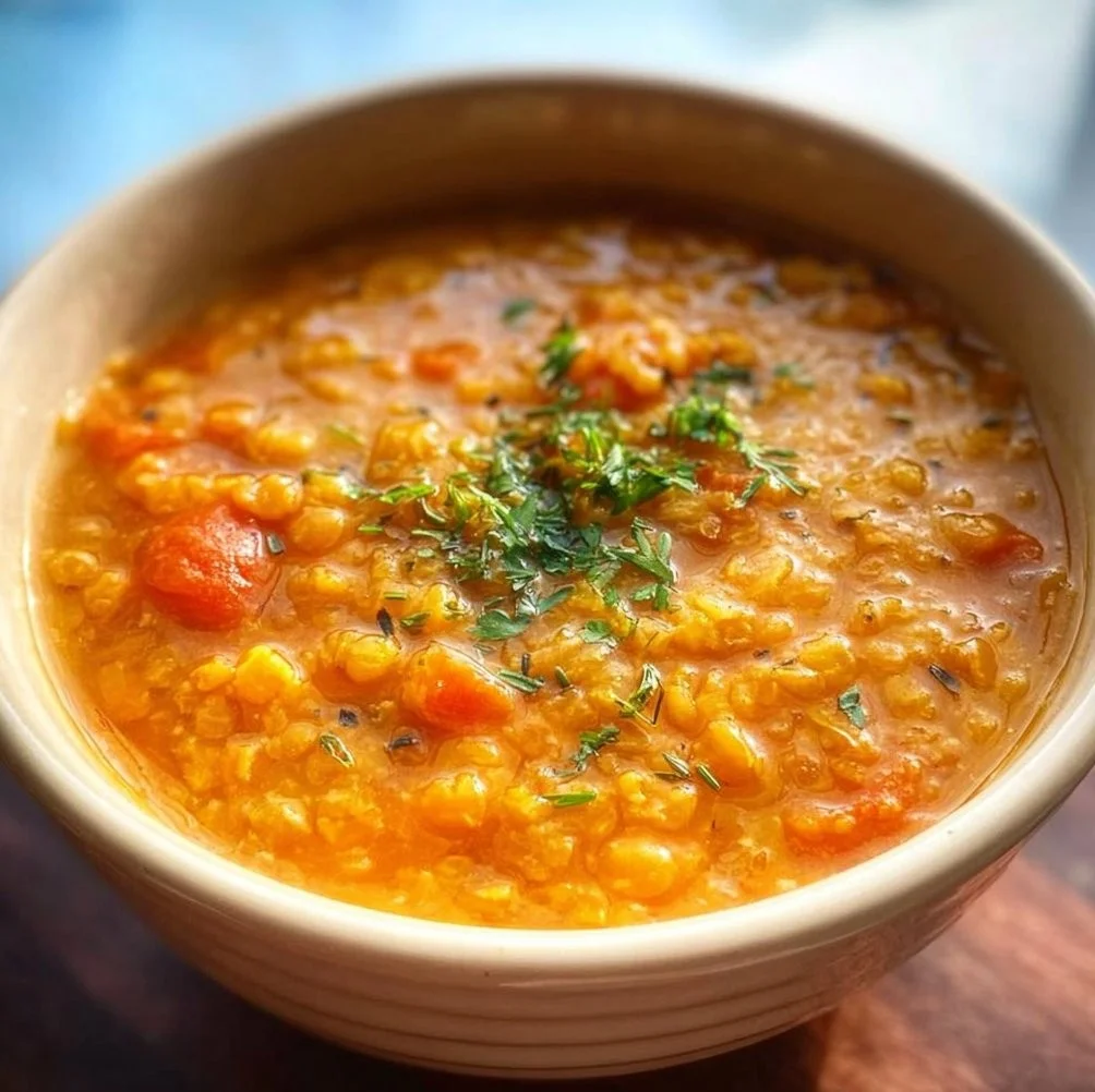 Bowl of hearty red lentil soup topped with herbs