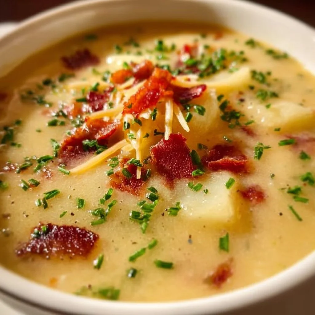 Bowl of creamy red potato soup garnished with herbs