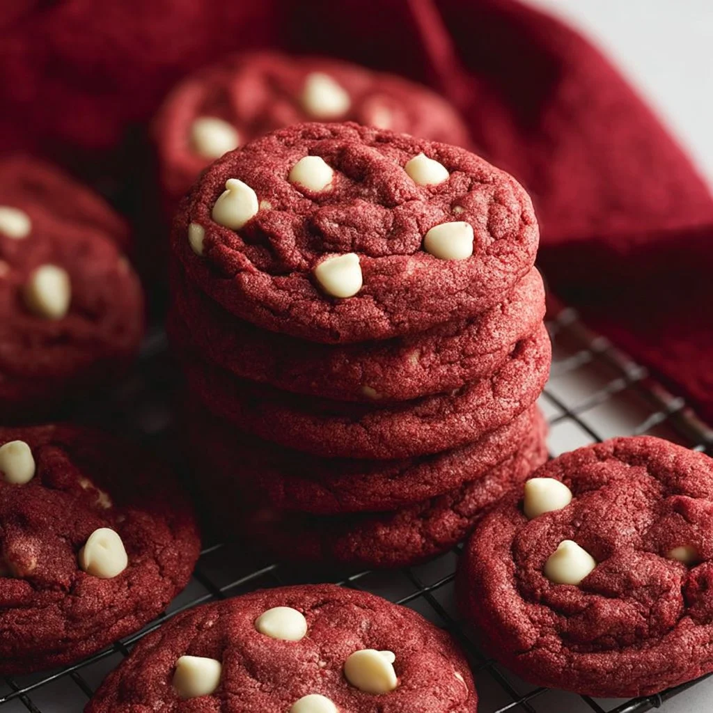 Red velvet cookies with white chocolate chips on a cooling rack