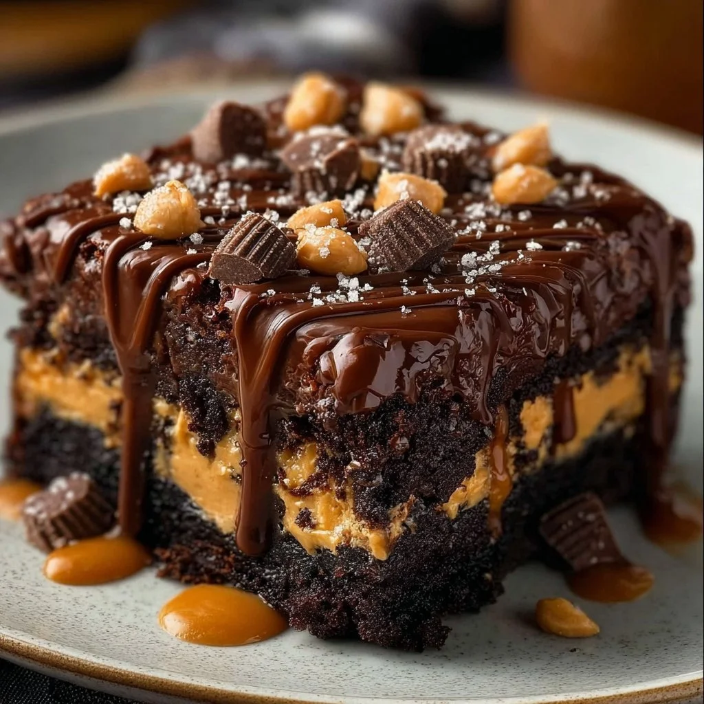 Delicious Reese’s Chocolate Peanut Butter Earthquake Cake with rich chocolate and peanut butter layers.