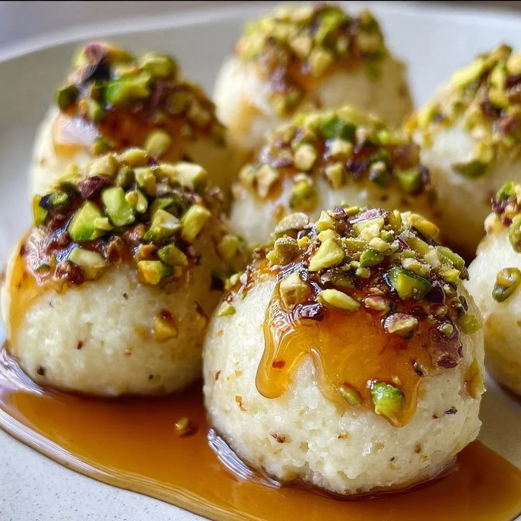 Delicious Ricotta Pistachio Honey Bites topped with honey and pistachios