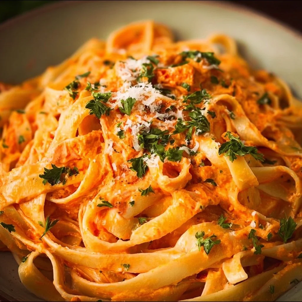 A bowl of creamy roasted red pepper alfredo sauce with pasta.