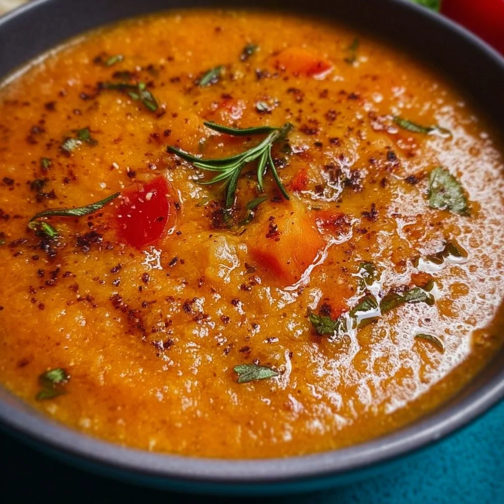 Bowl of roasted vegetable soup garnished with fresh herbs