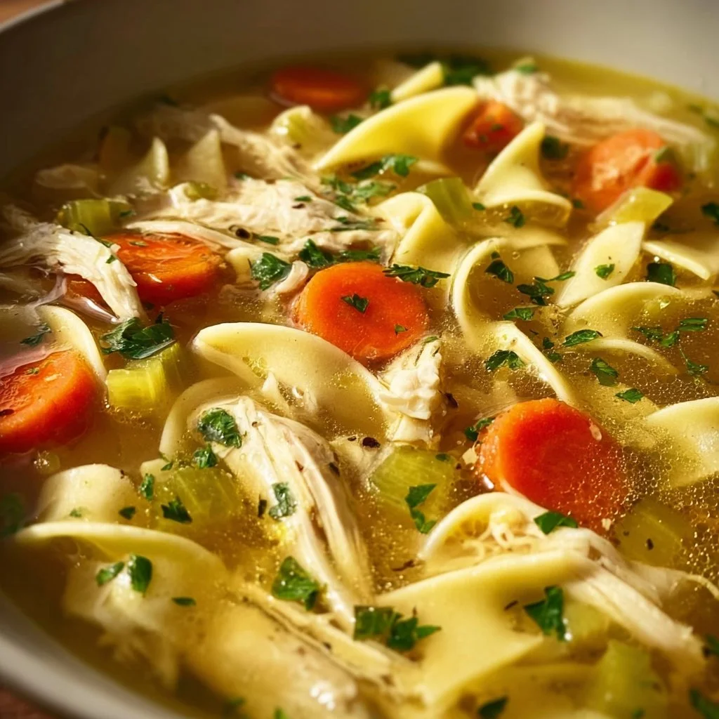 Bowl of hearty rotisserie chicken noodle soup garnished with herbs.