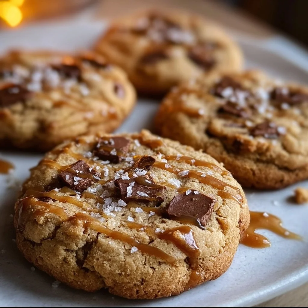 Delicious salted caramel cookies drizzled with caramel and sprinkled with sea salt.