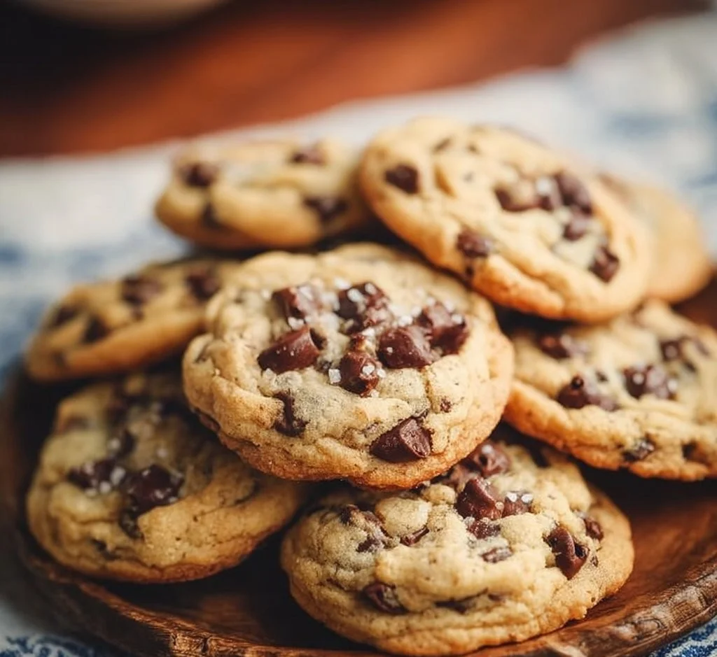 Batch of freshly baked salted chocolate chip cookies on a cooling rack