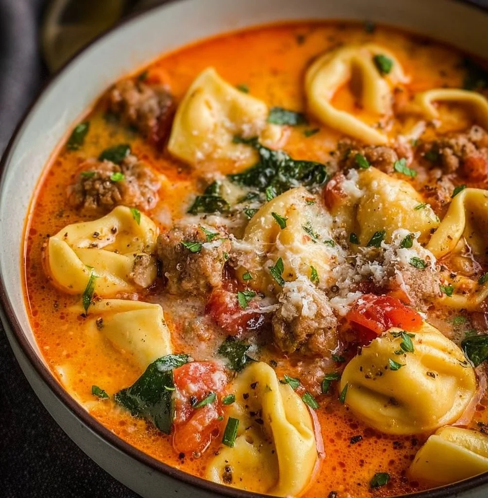 Hearty bowl of Sausage Tortellini Soup with fresh ingredients