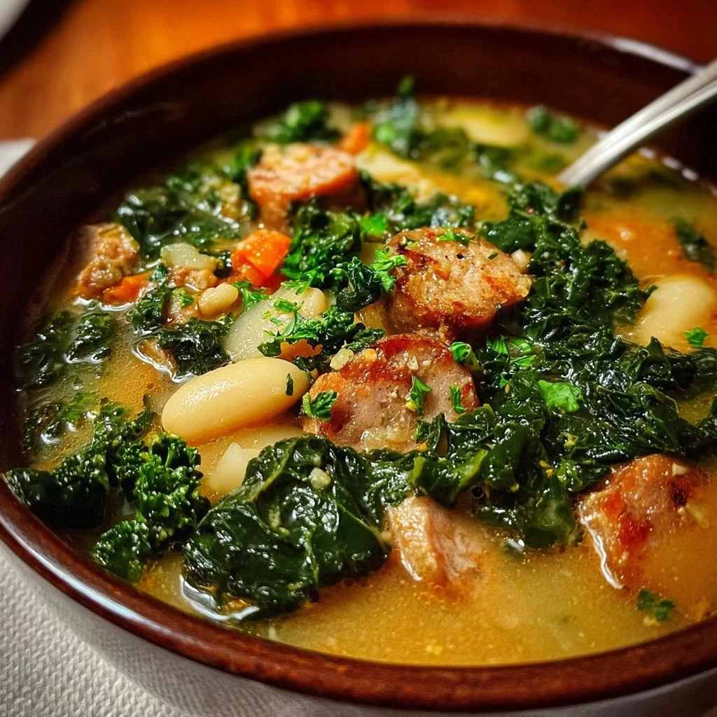 Bowl of hearty sausage kale soup garnished with fresh herbs.