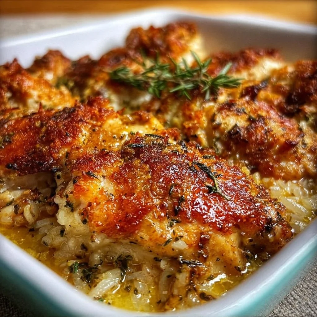 Savory baked herb chicken casserole served in a baking dish