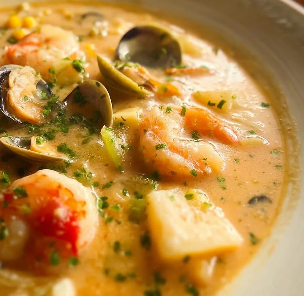 Bowl of delicious and creamy Seafood Chowder with fresh seafood ingredients