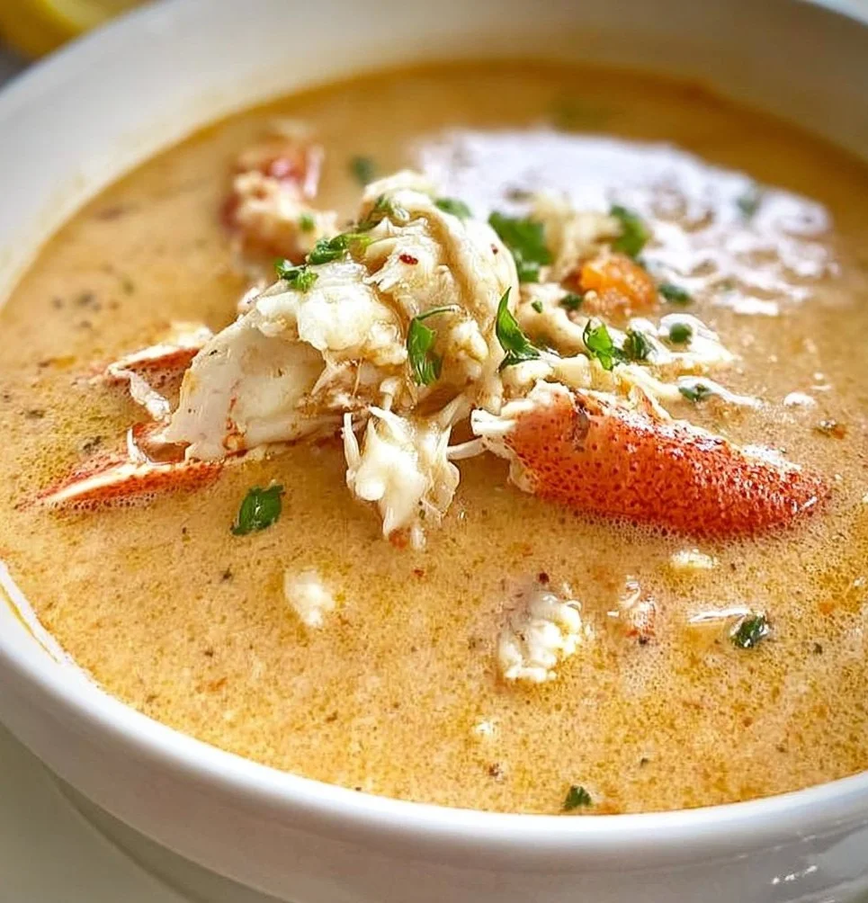 Bowl of rich She Crab Soup garnished with crab meat and herbs.