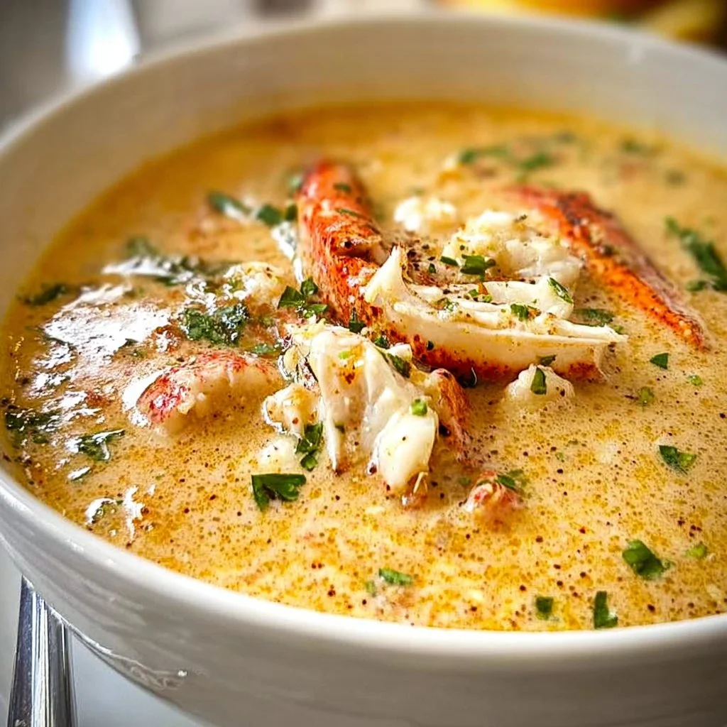 Delicious bowl of she crab soup topped with fresh crab meat and herbs